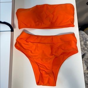 Neon orange high waist padded strapless bikini